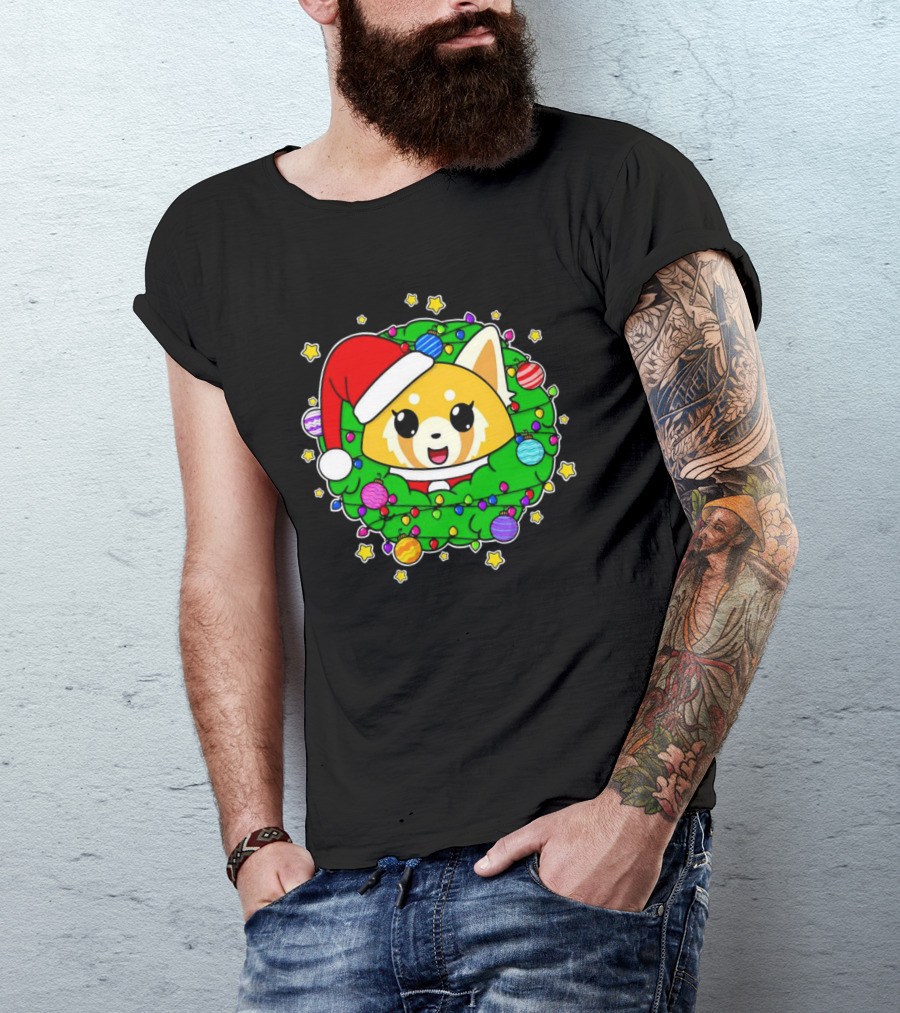 Aggressively Merry Christmas Kawaii Red Panda With Santa Hat In Holiday Wreath T-Shirt