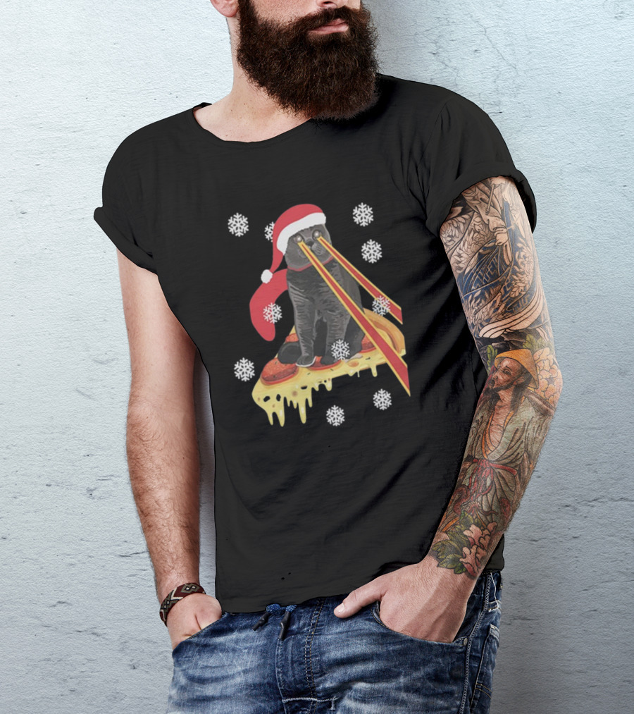 The Guardians Of The Galaxy Drax Cat Pizza Laser Eyes Santa Hat Christmas Snowflakes T-Shirt