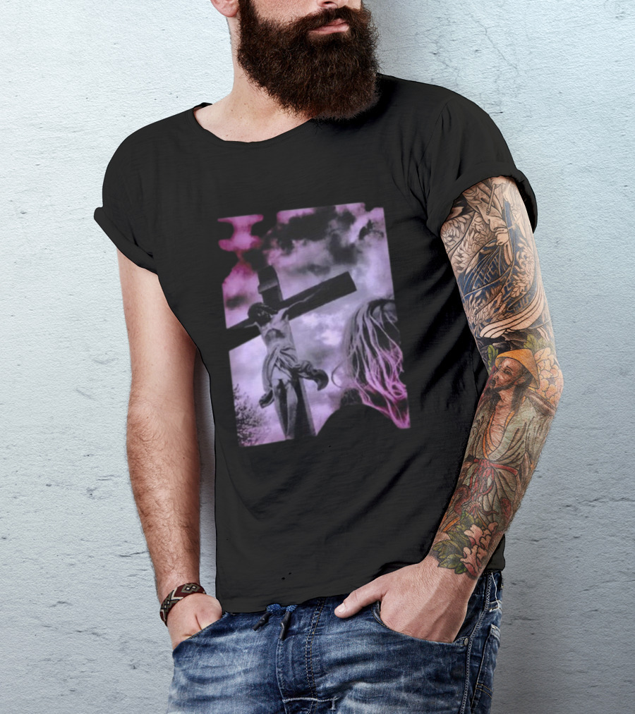 Zakk Wylde Jesus Crucifixion Image With Dark Sky And Blonde Hair Motif T-Shirt