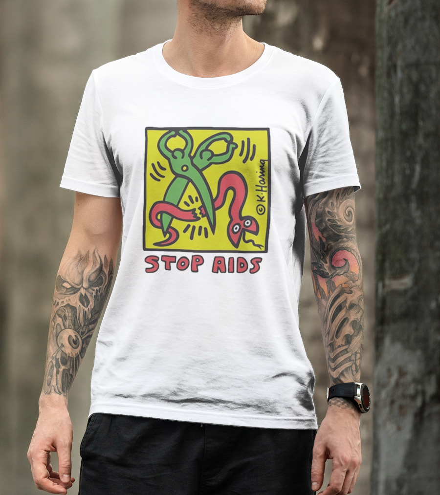 Keith Haring Stop Aids Scissors Cutting Snake T-Shirt