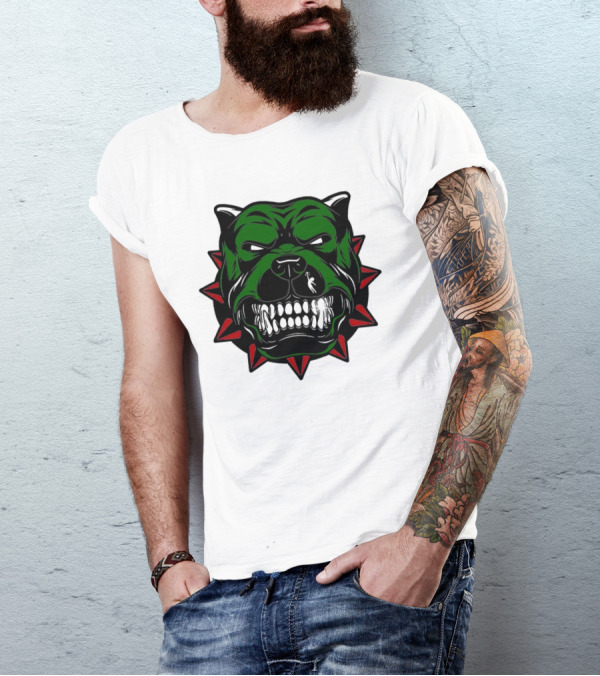Angry Pitbull With Green Face And Red Spiked Collar Merry Christmas T-Shirt