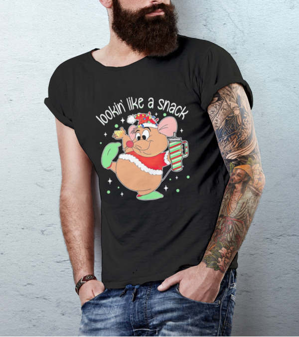 Lookin' Like A Snack Santa Mouse Holding Cheese And Peppermint Drink T-Shirt