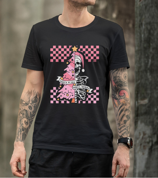 Skeleton Sorta Scary Sorta Merry Christmas Tree Split T-Shirt