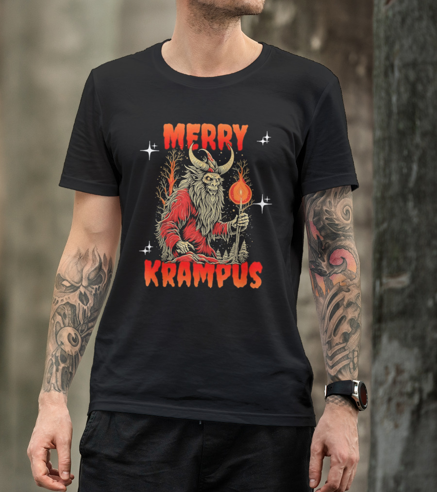 Merry Krampus Horror Christmas Demon With Fiery Torch In Forest Scene T-Shirt