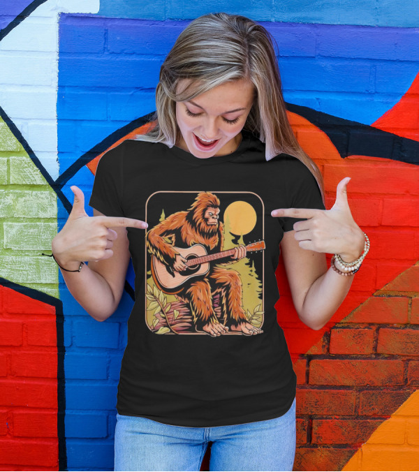 Bigfoot Playing Acoustic Guitar In Forest Scene T-Shirt