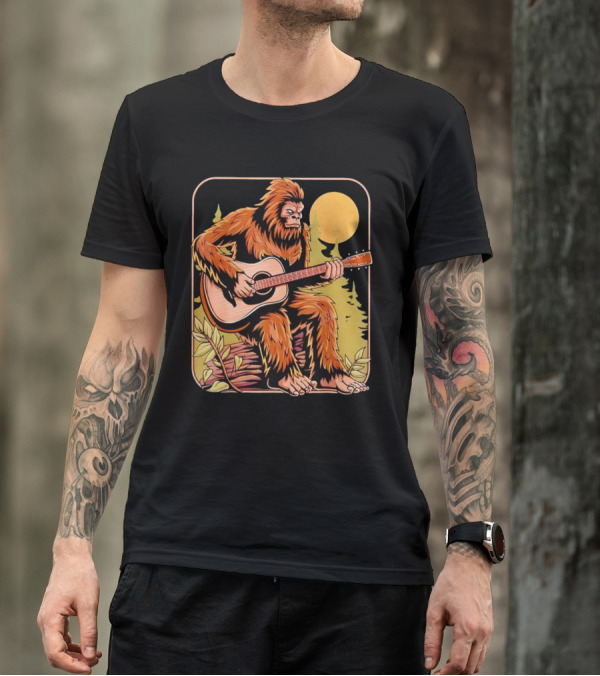 Bigfoot Playing Acoustic Guitar In Forest Scene T-Shirt