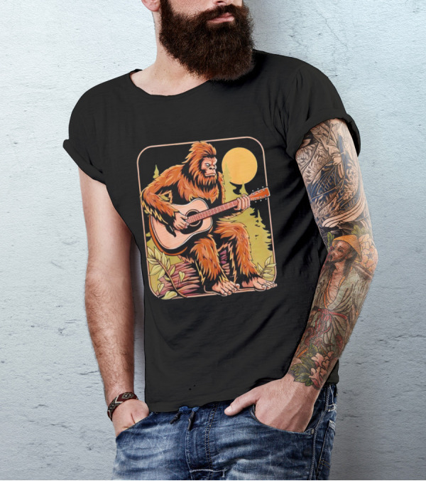 Bigfoot Playing Acoustic Guitar In Forest Scene T-Shirt