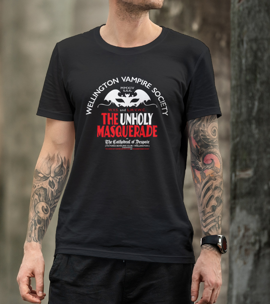 Wellington Vampire Society The Unholy Masquerade At The Cathedral Of Despair Victoria Bowling Club Wellington T-Shirt