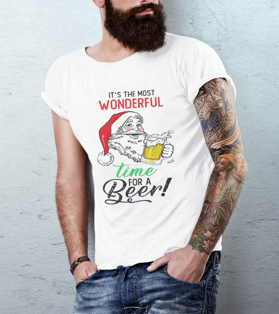 It's The Most Wonderful Time For A Beer Santa Drinking Xmas T-Shirt