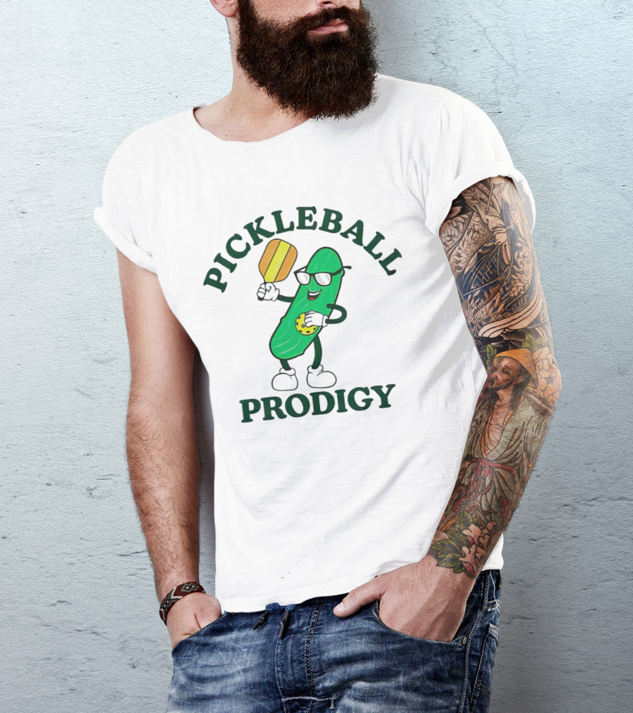 PICKLEBALL PRODIGY FUN PICKLE CHARACTER WITH PADDLE AND SUNGLASSES T-Shirt