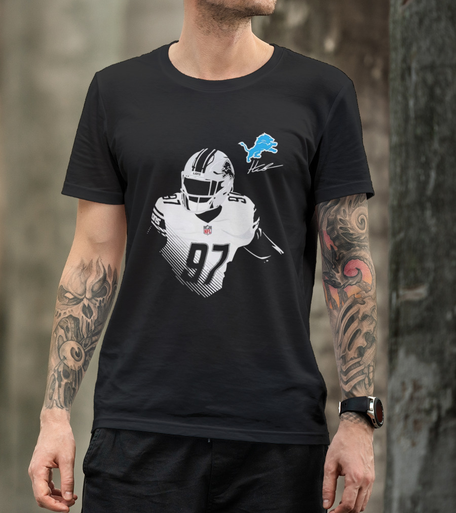 Aidan Hutchinson #97 Detroit Lions NFL Blue Lion Logo Football Player T-Shirt