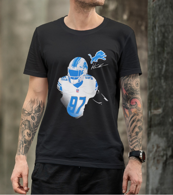 Aidan Hutchinson Detroit Lions Player Signature 97 NFL Logo Lions Helmet T-Shirt