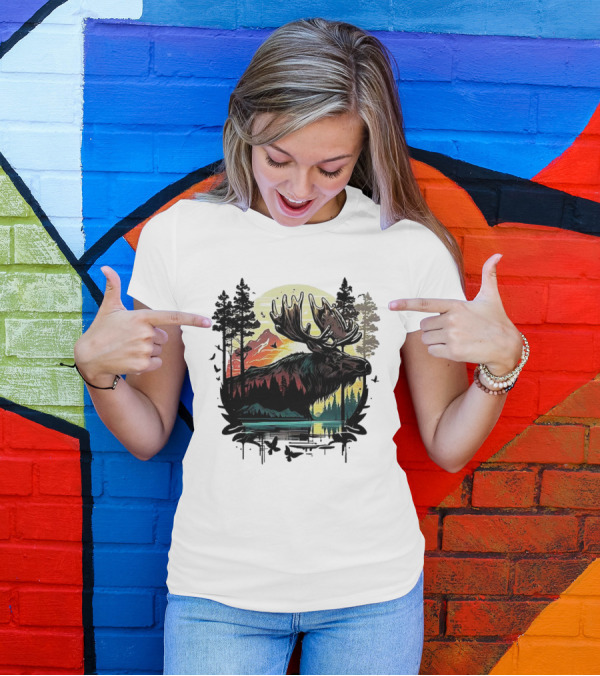 Moose In The Forest With Sunset And Mountain Landscape T-Shirt