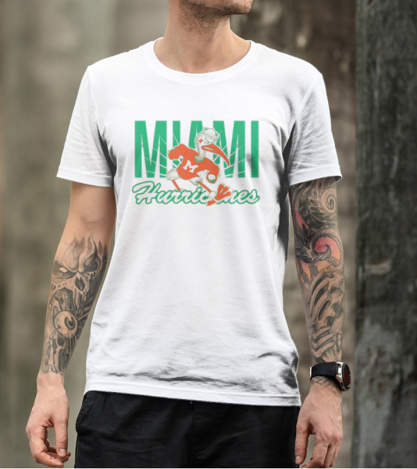 Miami Hurricanes Sebastian The Ibis Mascot With Bold Lettering T-Shirt