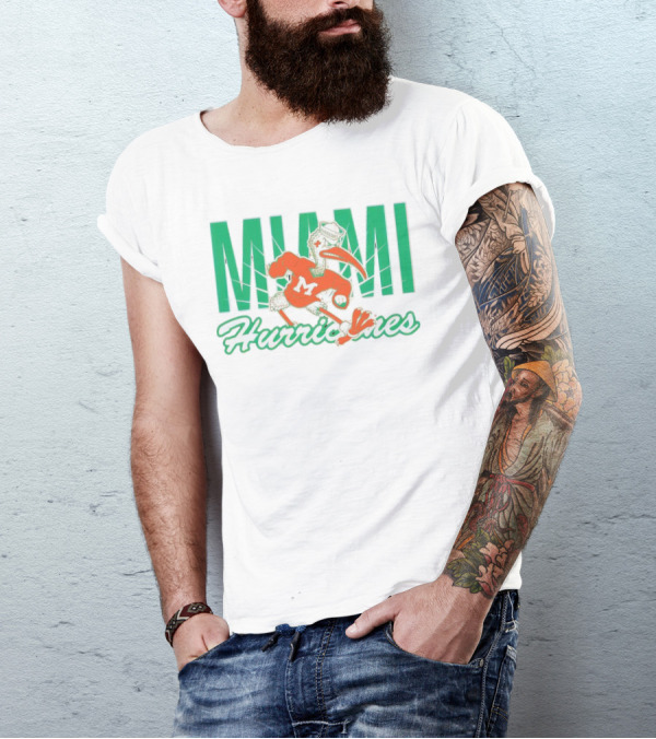 Miami Hurricanes Sebastian The Ibis Mascot With Bold Lettering T-Shirt