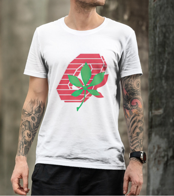 Ohio State Buckeyes Scarlet And Gray O With Green Leaf Emblem T-Shirt