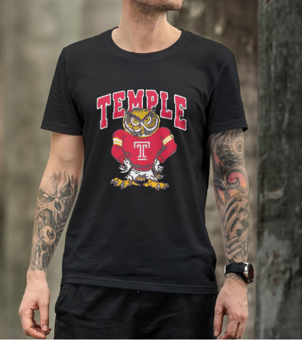 Temple Owls Football Mascot In Red Jersey With Bold Temple Text T-Shirt