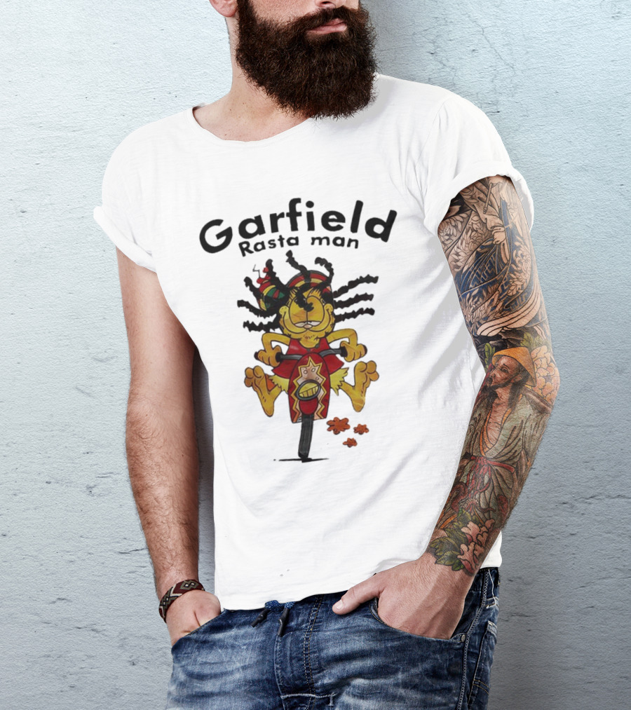 Garfield Rasta Man Dreadlocks Bicycle Whimsical Fun T-Shirt