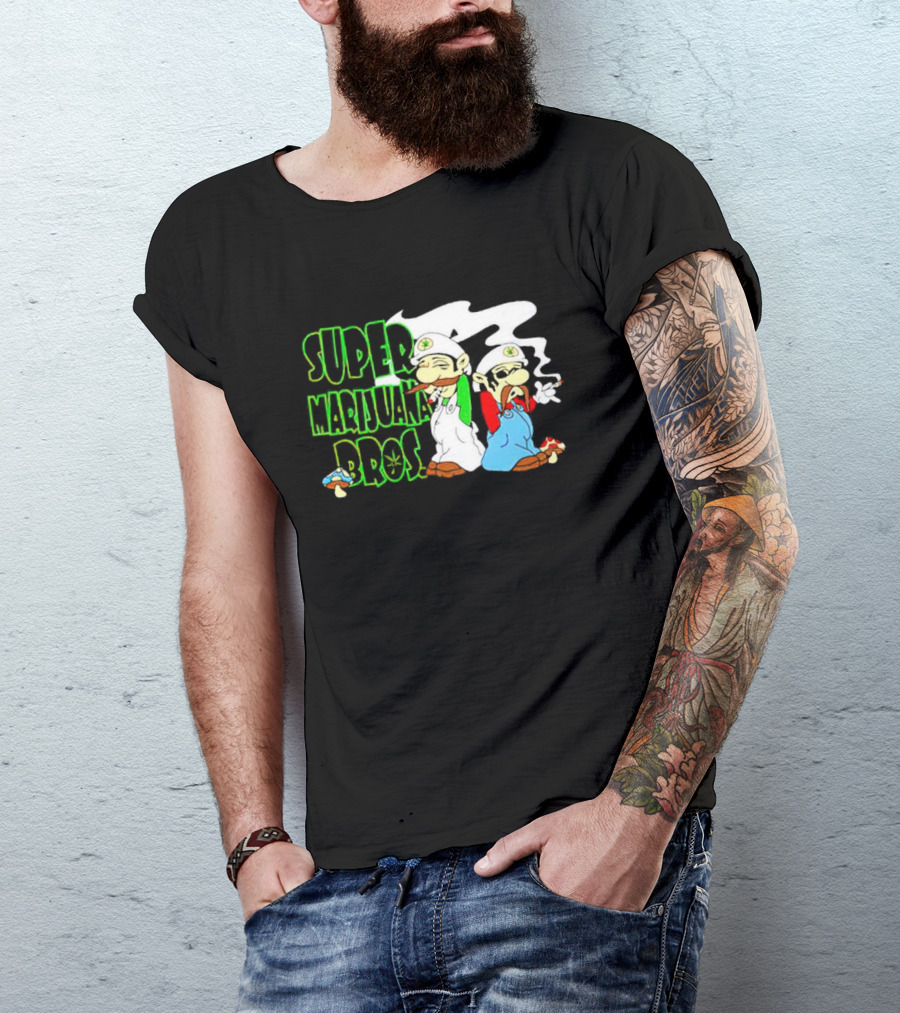 Super Marijuana Bros Weed Parody With Smoking Characters And Mushrooms T-Shirt