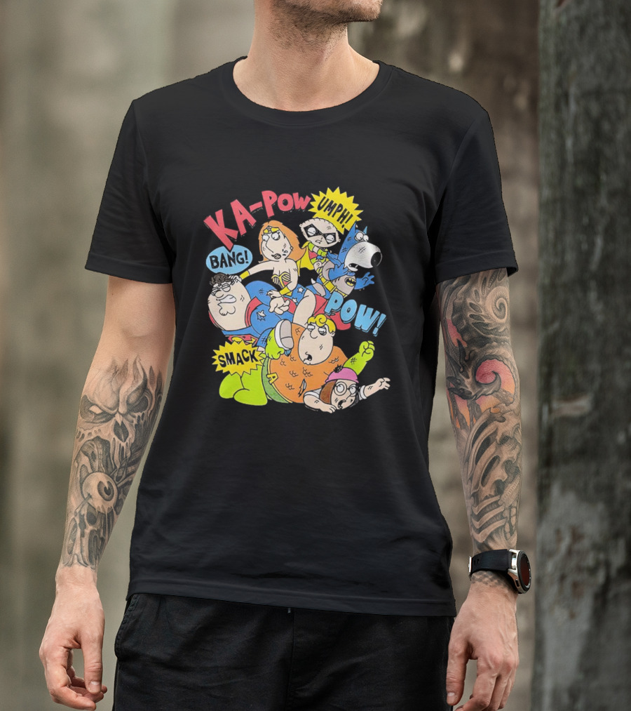 Family Guy Superhero Stewie Brian Peter Lois Chris Meg Ka-Pow Bam Pow Smack Bang T-Shirt