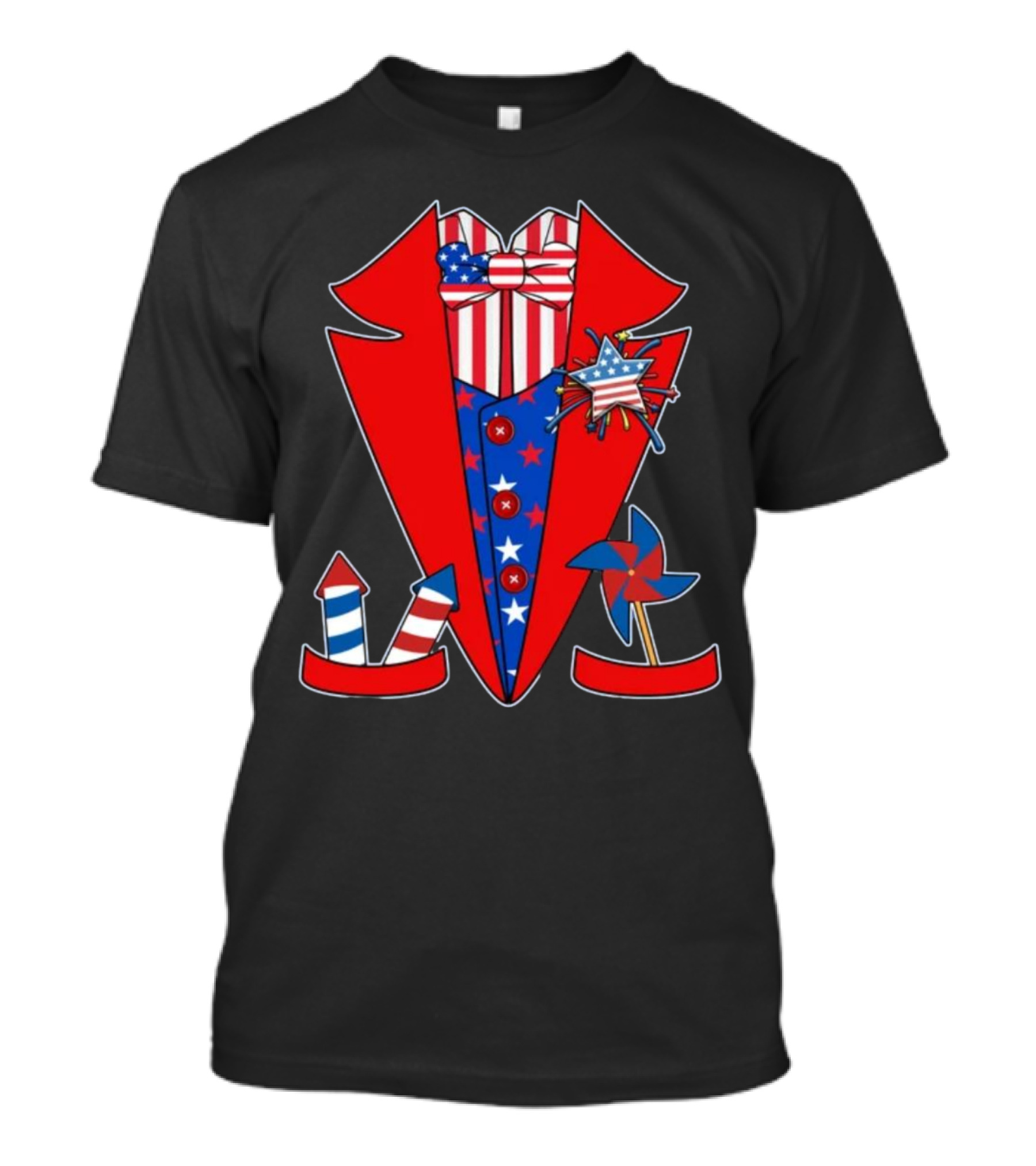 Patriotic Red White Blue Tuxedo With Stars Stripes And Rocket Pinwheels T-Shirt