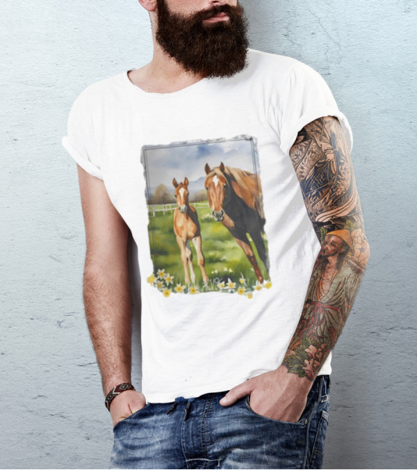Ginger And Freddie Horses In Scenic Pasture With Daffodils T-Shirt