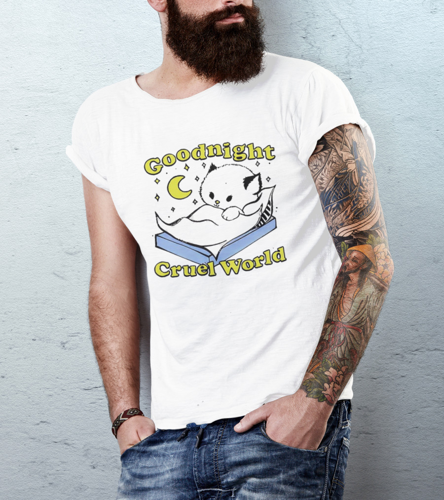 Goodnight Cruel World Cat On Open Book With Moon And Stars T-Shirt