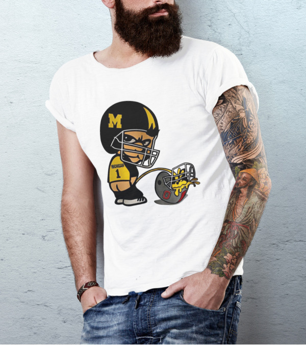 Michigan Wolverines M Football Player Pissing On Ohio State Helmet With O T-Shirt