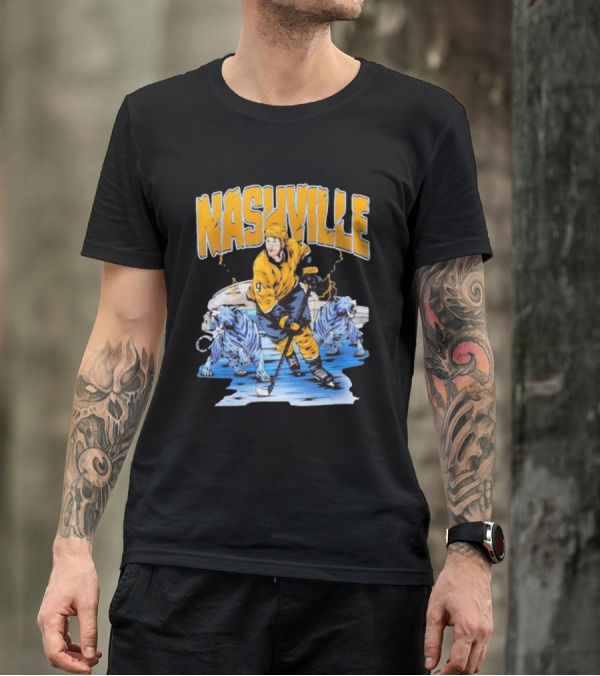 Nashville Predators Filip Forsberg Hockey Number 9 Action With Ice Background And Predators Lions T-Shirt