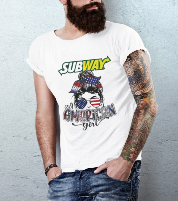 Subway All American Girl Messy Bun Patriotic Bandana And Sunglasses T-Shirt