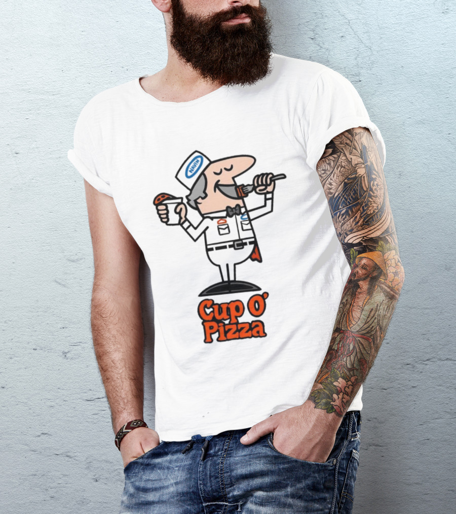 Cup O' Pizza Cartoon Character Eating From A Fork And Cup T-Shirt