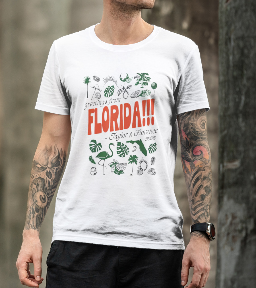 Greetings From Florida Taylor And Florence TTPD Flamingo Palm Map Iconic Tropical T-Shirt