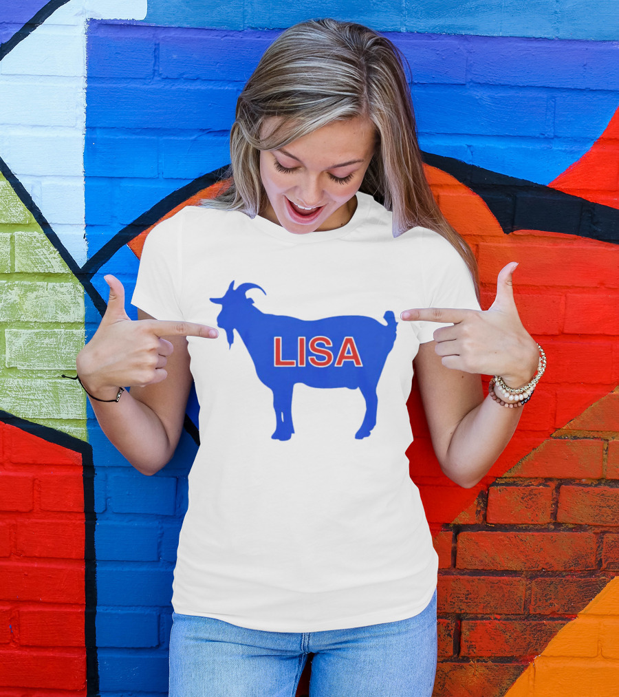Lisa L Dubbs Goat Silhouette With Name In Bold Red Letters Blue Background T-Shirt