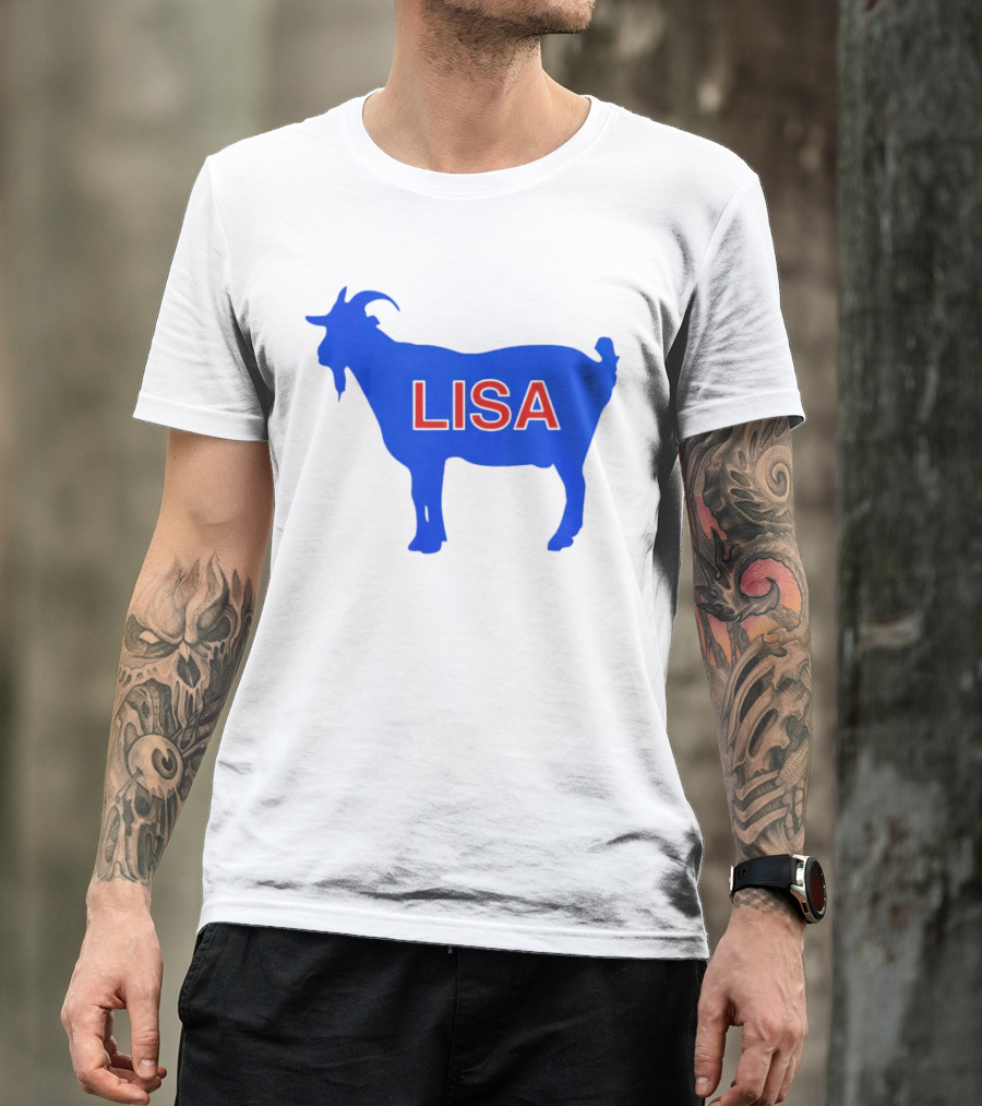 Lisa L Dubbs Goat Silhouette With Name In Bold Red Letters Blue Background T-Shirt