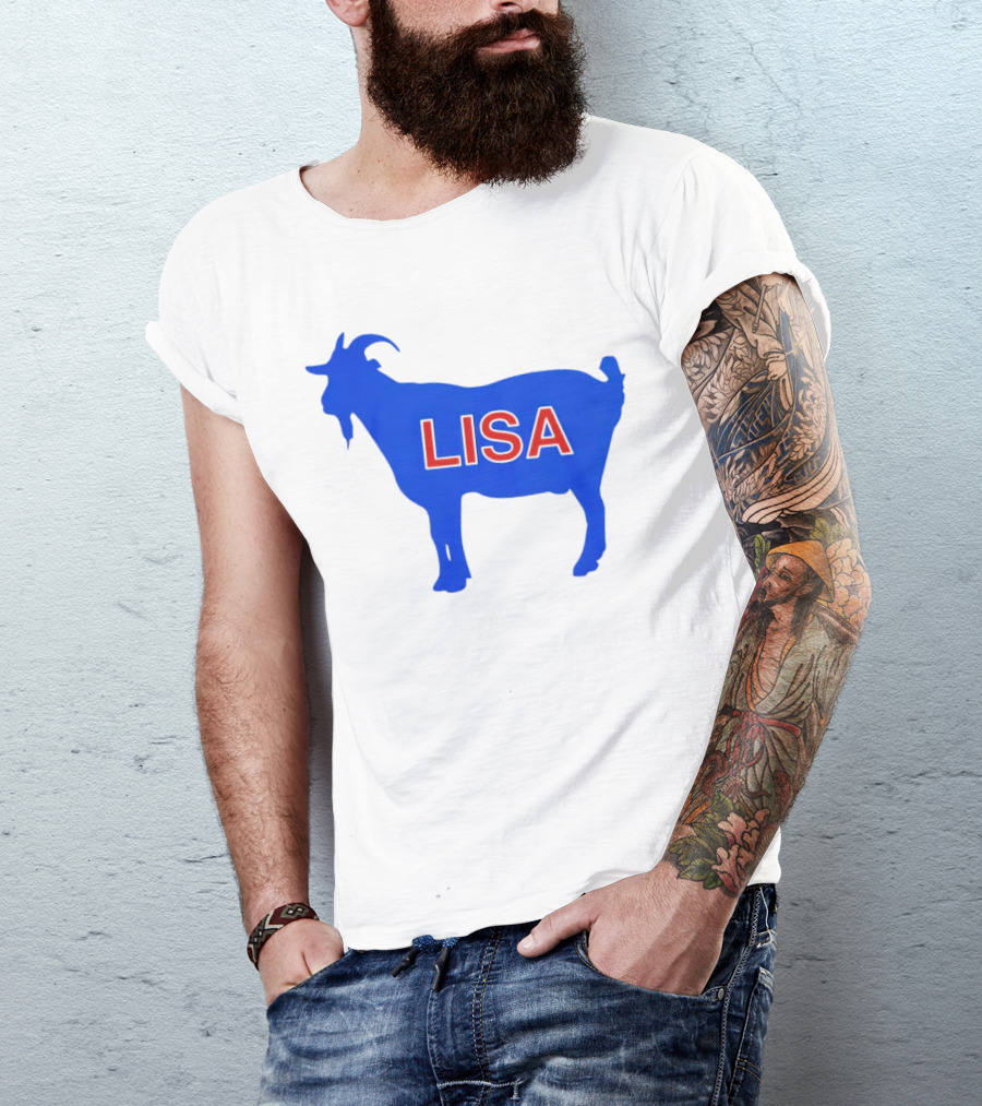 Lisa L Dubbs Goat Silhouette With Name In Bold Red Letters Blue Background T-Shirt