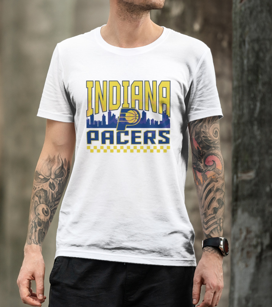 Indiana Pacers NBA Logo Skyline With Checkered T-Shirt