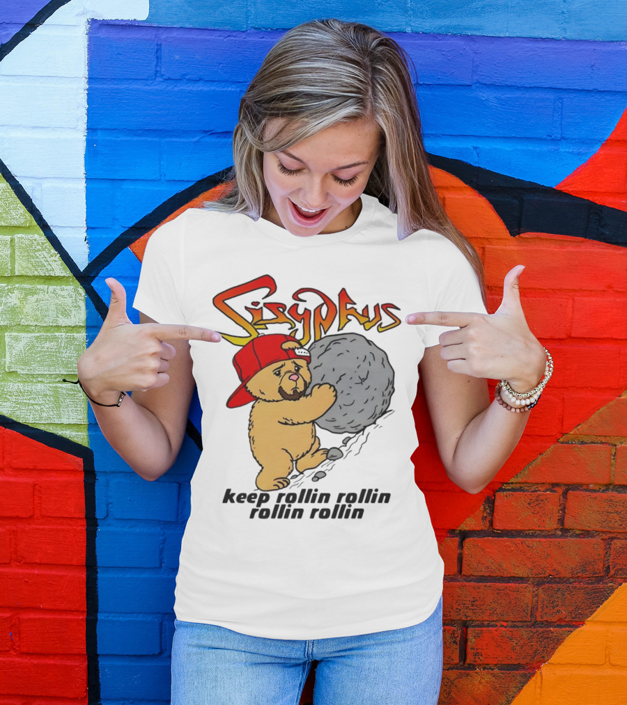 Sisyphus Keep Rollin Rollin Rollin Rollin Bear With Boulder Red Cap T-Shirt