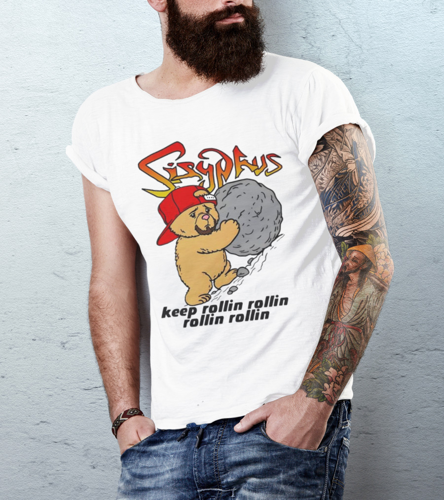 Sisyphus Keep Rollin Rollin Rollin Rollin Bear With Boulder Red Cap T-Shirt