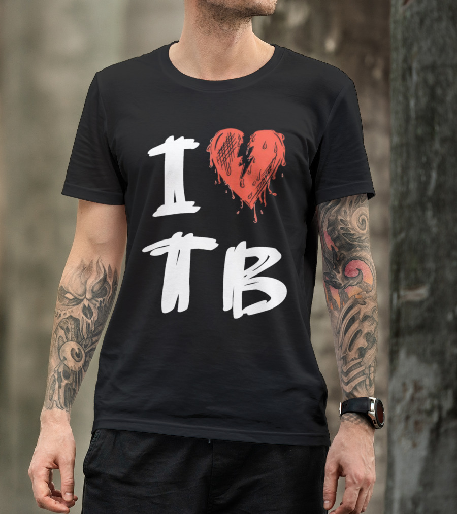 I Love TB Heart Icon With Dripping Red And Black Details Tragedy Boiz T-Shirt