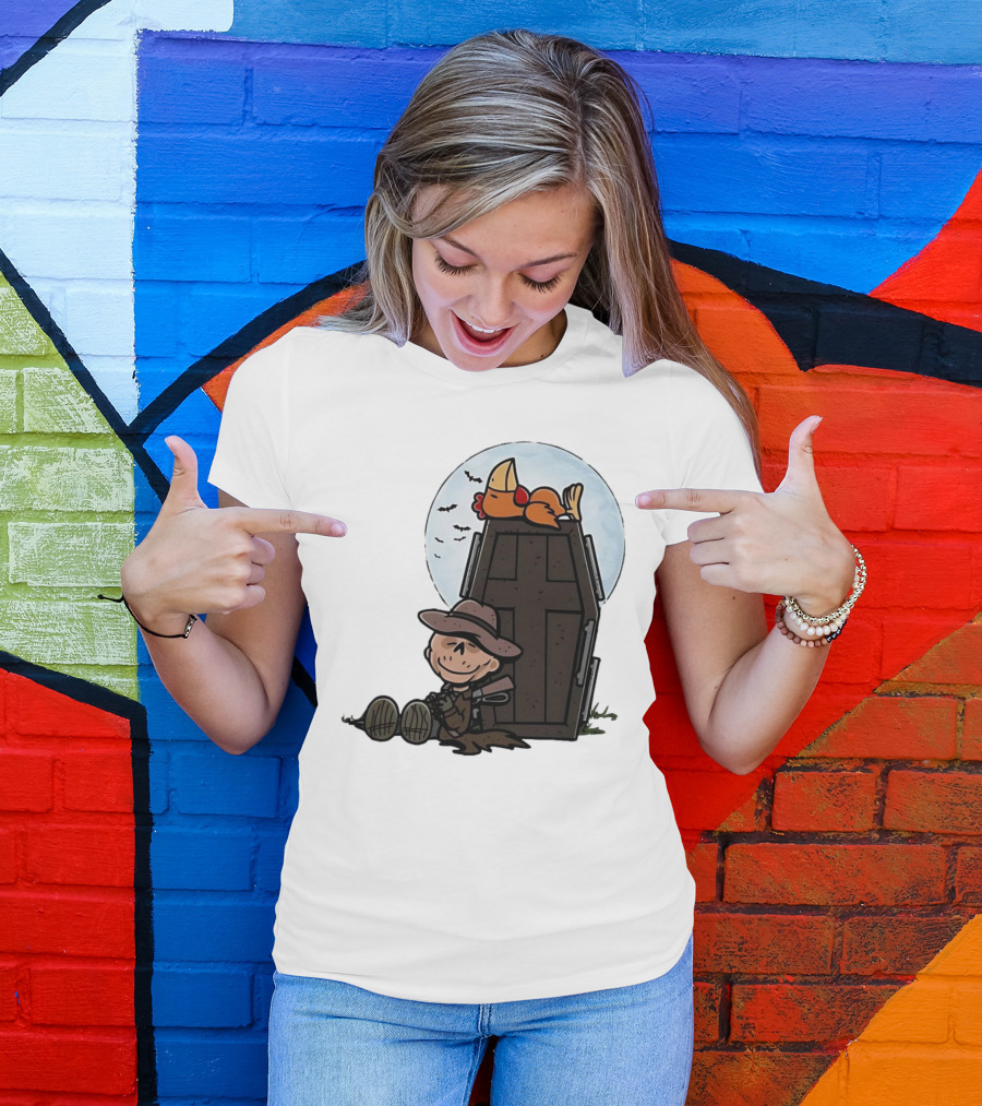Ghoul And A Chicken From Fallout Peanuts Style Sitting By Coffin Under Moon With Bats T-Shirt