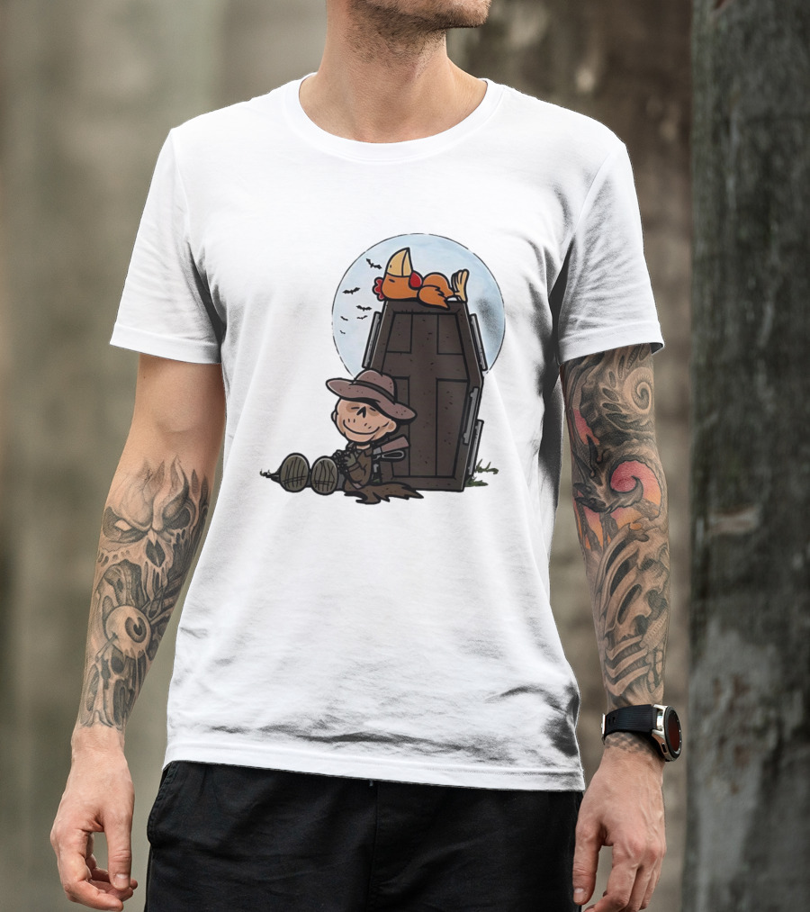 Ghoul And A Chicken From Fallout Peanuts Style Sitting By Coffin Under Moon With Bats T-Shirt