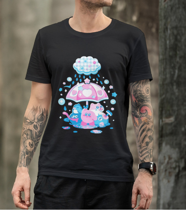 Kirby Gooey And Rick Under Heart Umbrella With Stars And Raindrops T-Shirt