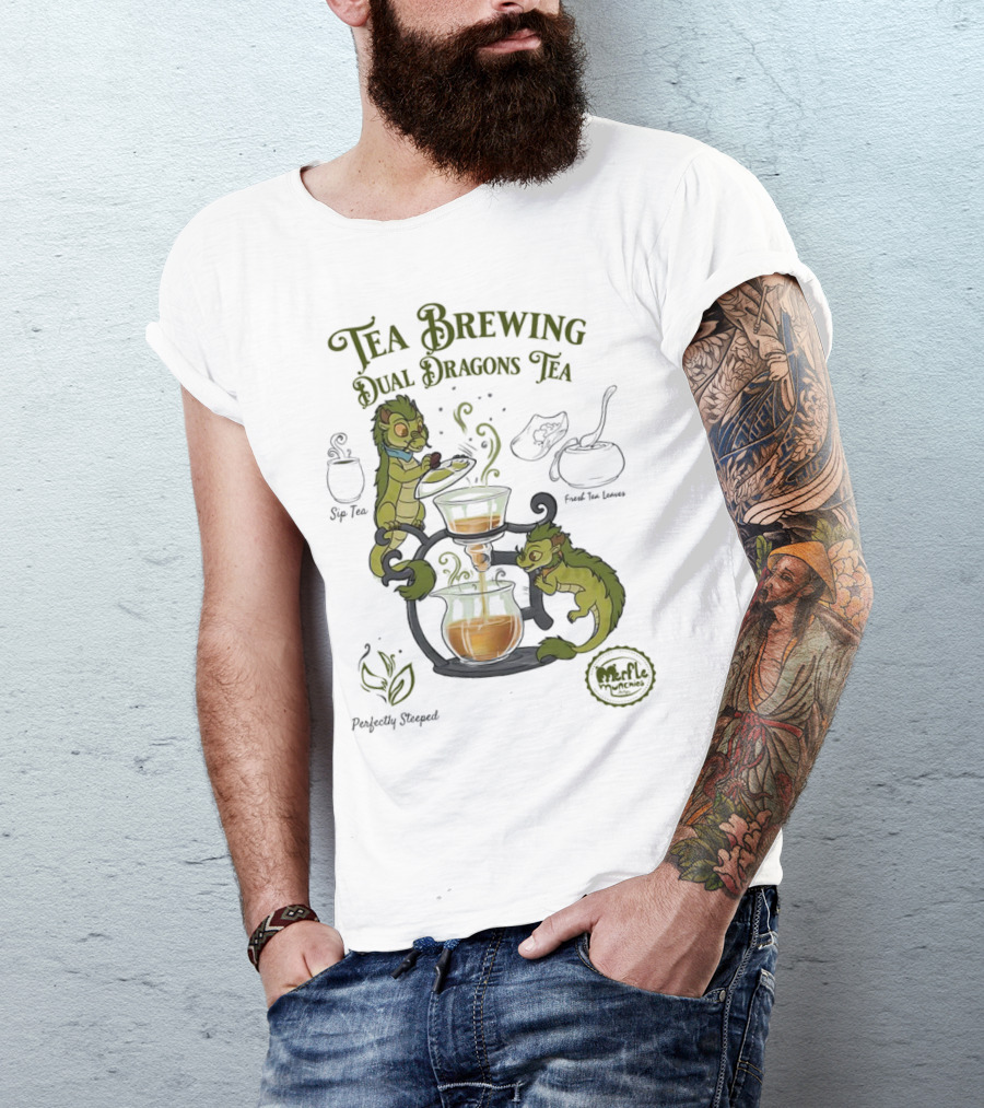 Tea Brewing Dual Dragons Sip Tea Perfectly Steeped Leaf And Kettle T-Shirt