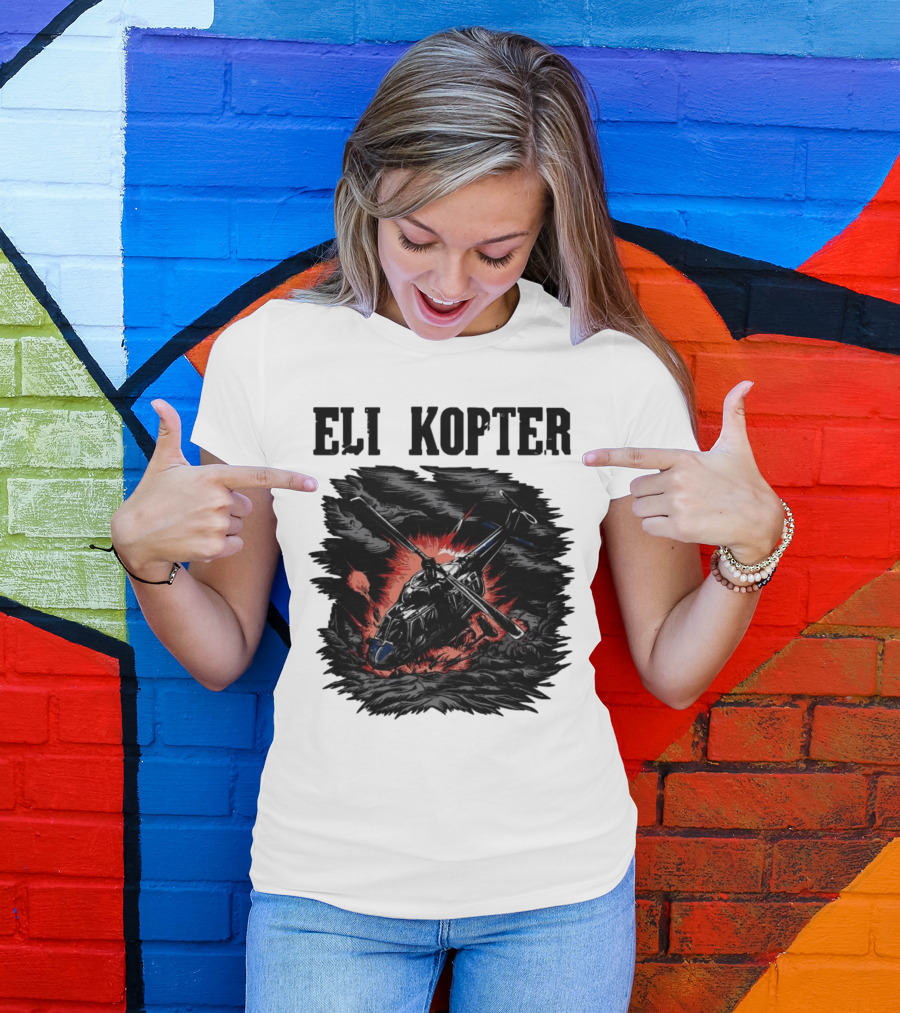 Eli Kopter Helicopter In Stormy Sky With Red Explosion T-Shirt