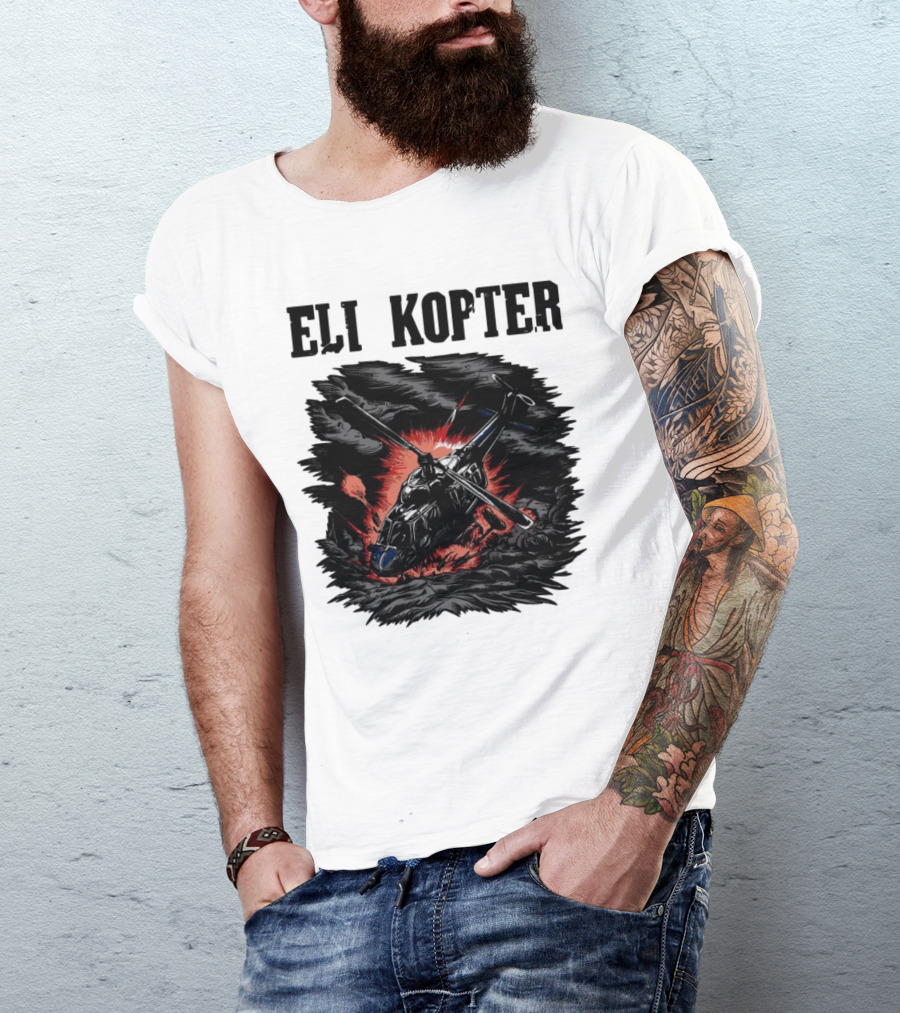 Eli Kopter Helicopter In Stormy Sky With Red Explosion T-Shirt