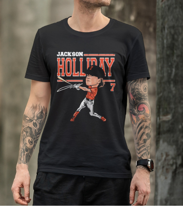 Jackson Holliday Baltimore Orioles Cartoon Batting Stance Number 7 T-Shirt