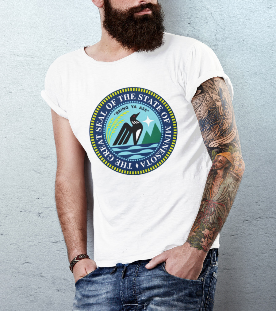 The Great Seal Of The State Of Minnesota Bring Ya Ass Black Bird Mountains Waves Star T-Shirt