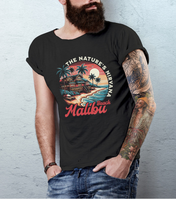 The Nature's Nirvana Malibu Beach Retro Sunset Scene T-Shirt