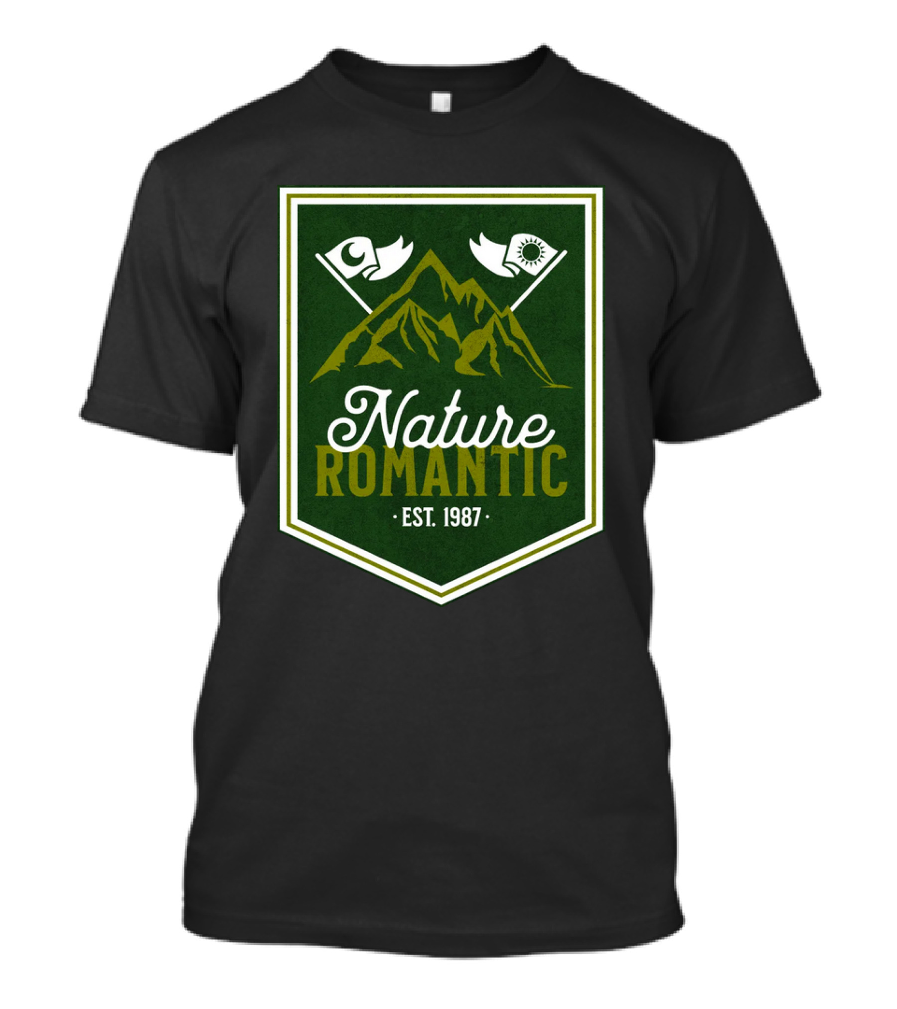 Nature Romantic Est. 1987 Mountain Adventure Sun Moon Flags T-Shirt