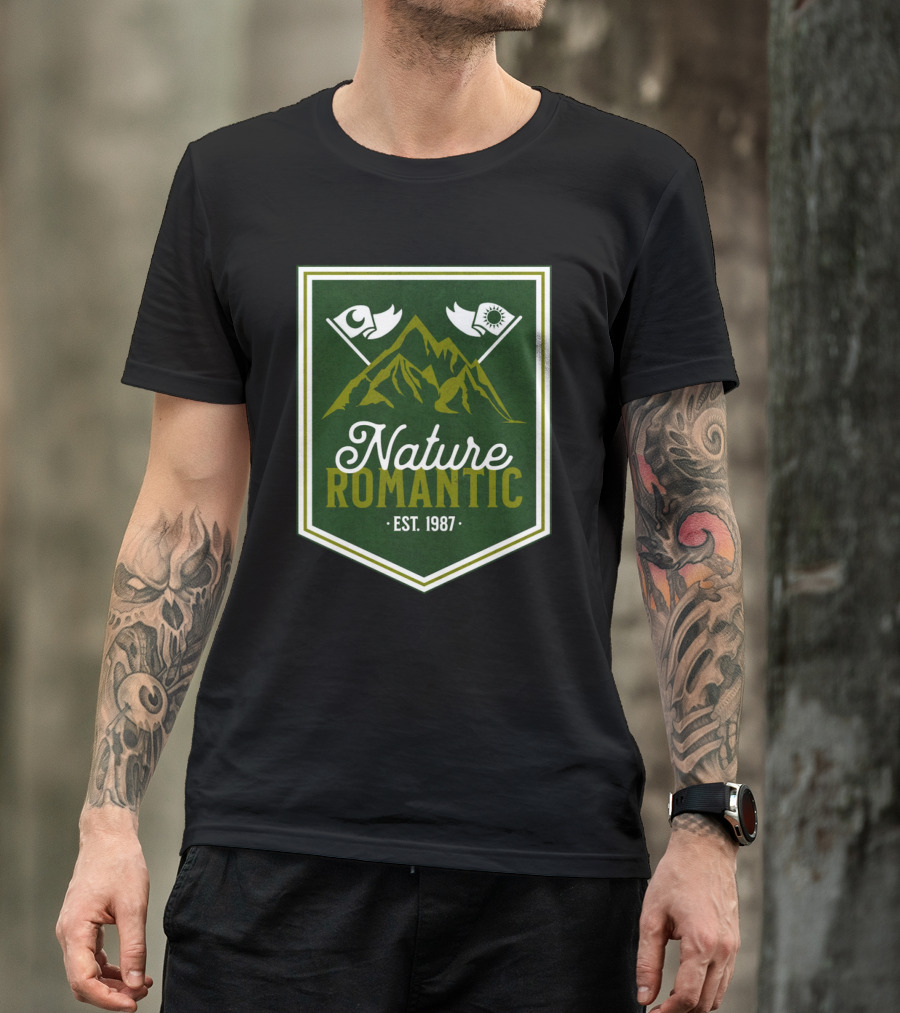 Nature Romantic Est. 1987 Mountain Adventure Sun Moon Flags T-Shirt
